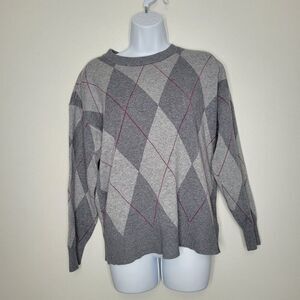 Tahari gray pink argyle plaid preppy academia school girl sweater large